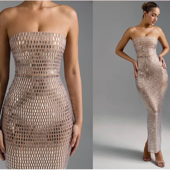 Oh Polly Amaya Embellished Bandeau Maxi Dress in Almond - Picture 2 of 8